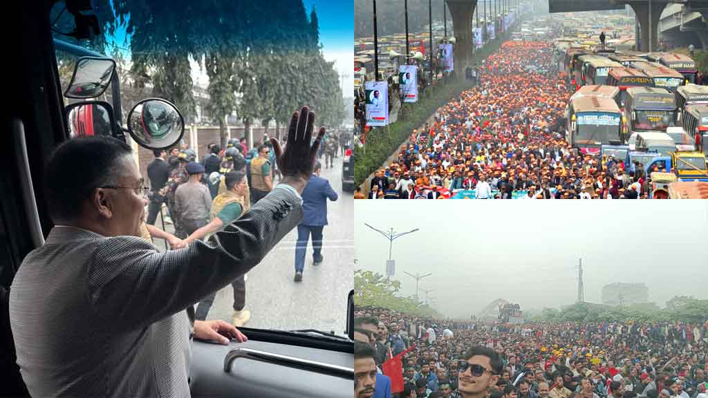 তারেক রহমানের গাড়িবহর ৩০০ ফুট সড়কে প্রবেশ করেছে, জনতায় কানায় কানায় পূর্ণ চারপাশ